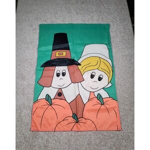 Vintage Flag Pilgrim Thanksgiving Banner 28"x40" Double Sided Nylon Garden 90s